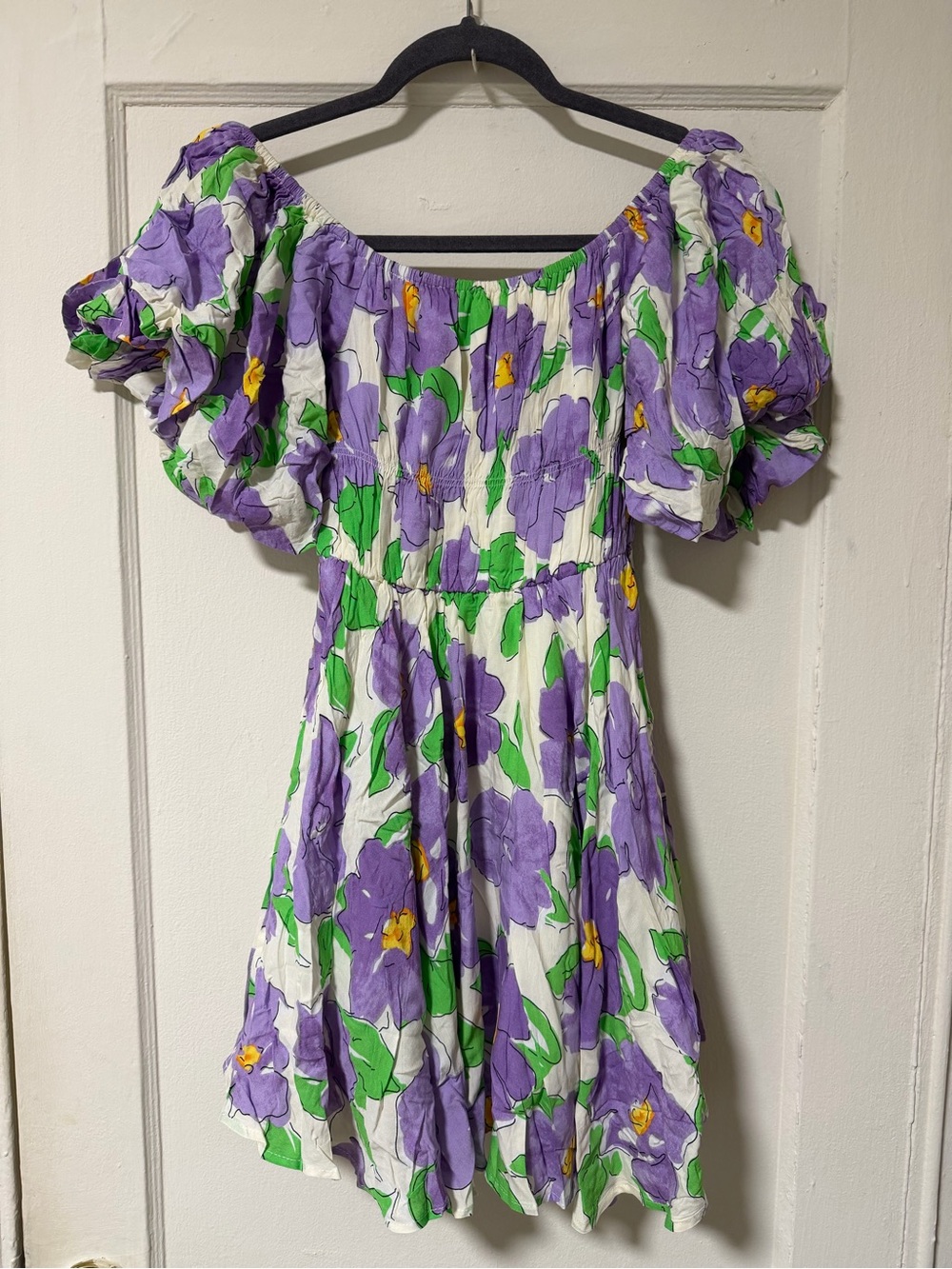 Floral Puff-Sleeve Mini Dress in Purple and Green